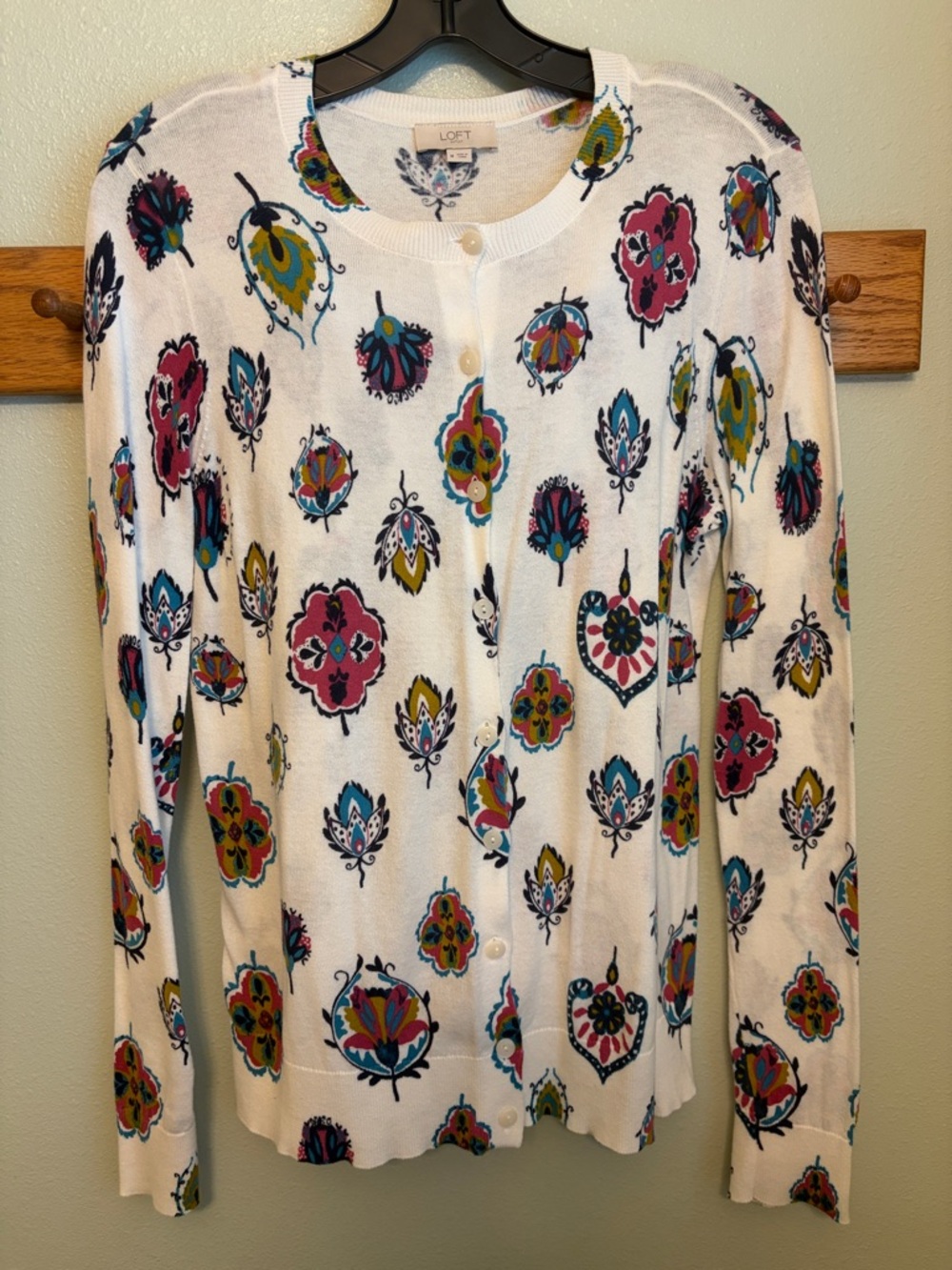 LOFT White/Cream Cardigan with Burgundy Teal, Mustard & Navy Floral Print